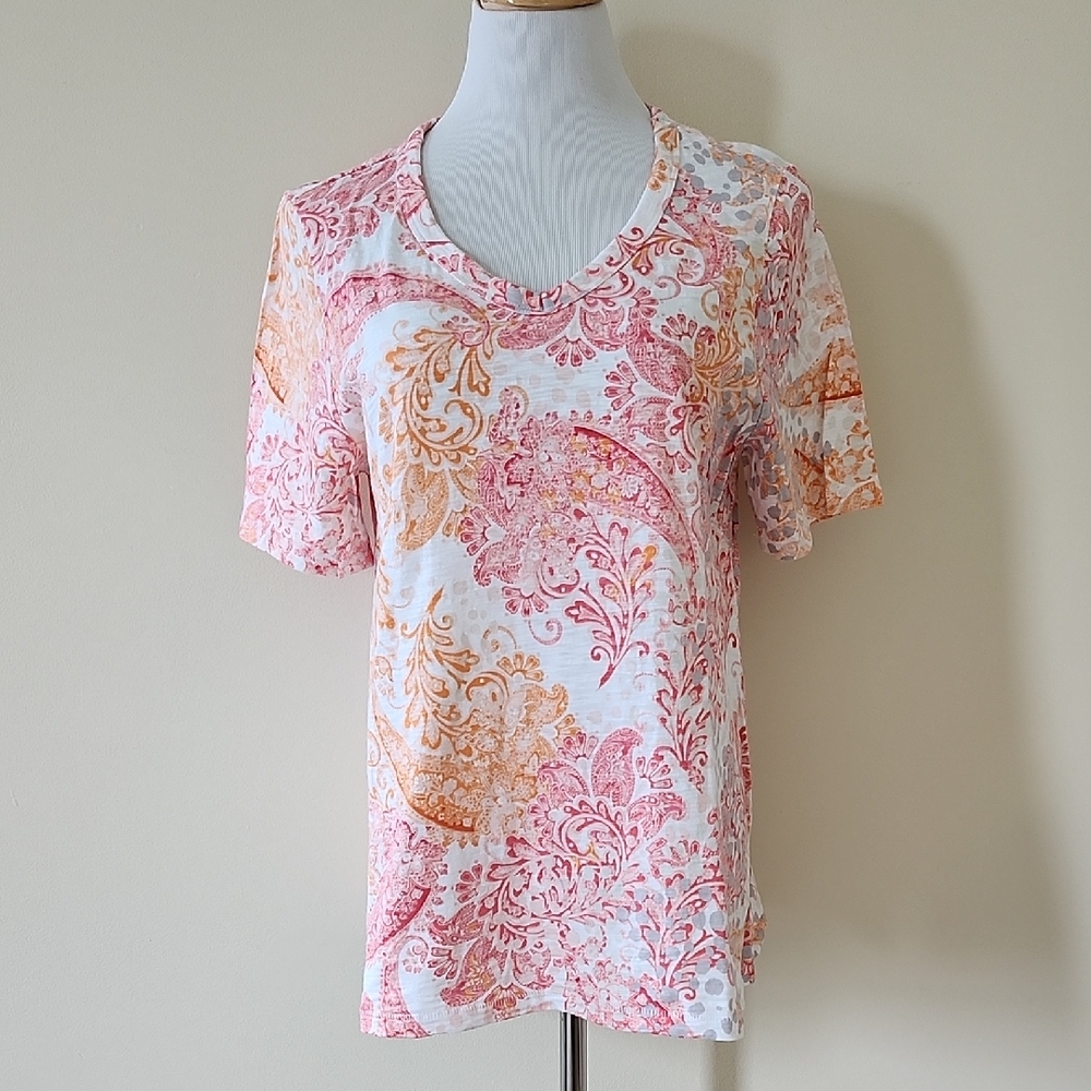 Chico's Pink & Orange Paisley V-Neck Short Sleeve Tee Large